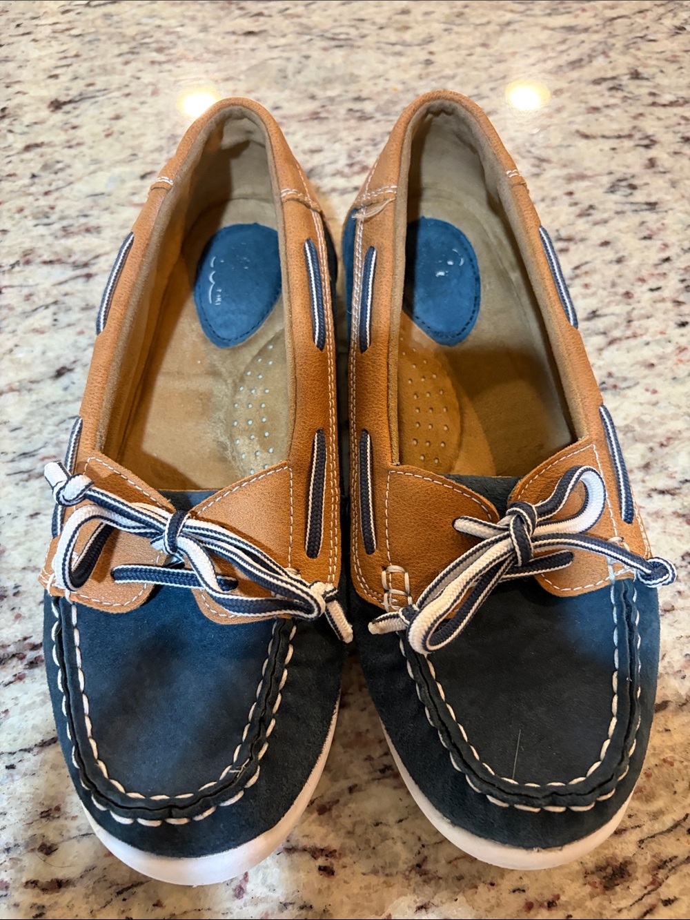 Bass Two-Tone Navy and Tan Moccasins
